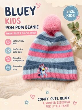Bluey Kids Pom Pom Beanie Hat – Pink & Blue Striped Winter Cap